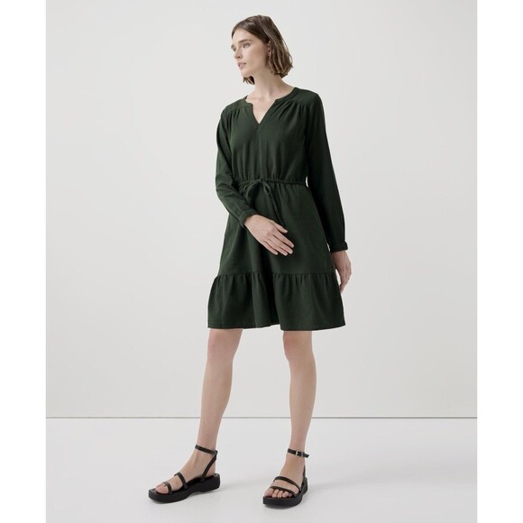 NWT  Pact Long Sleeve Dress Size XL Green Cinch Waist Organic Cotton Sustainable - Picture 1 of 5